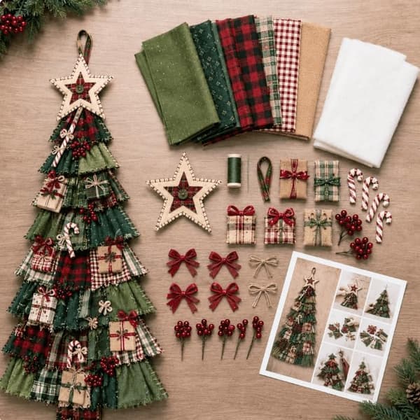 DIY Oversized Patchwork Juletræ Dørhængersæt, 3D Stofsyning & Samlesæt til Voksne, Julepynt til Væg & Indgangsparti