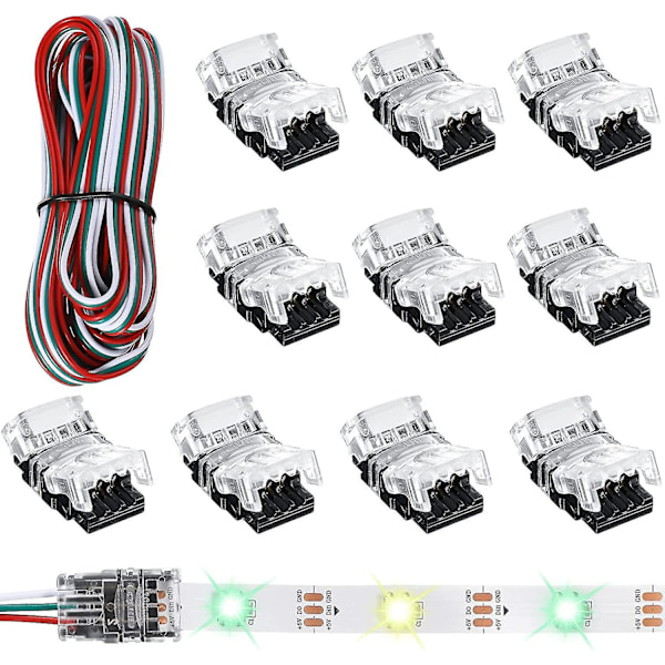 3-stifts Led Strip-kontakter 10 mm för Ws2811 Ws2812b Sk6812 Lödfri Led Strip, med 5 meter lång sladd (10 st)