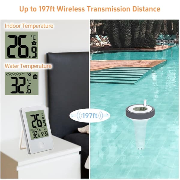 Digital trådlös flytande pooltermometer, vattentemperaturtermometer, inomhusmonitor utomhuspooltermometerset för simbassänger, bubbelpooler, spa