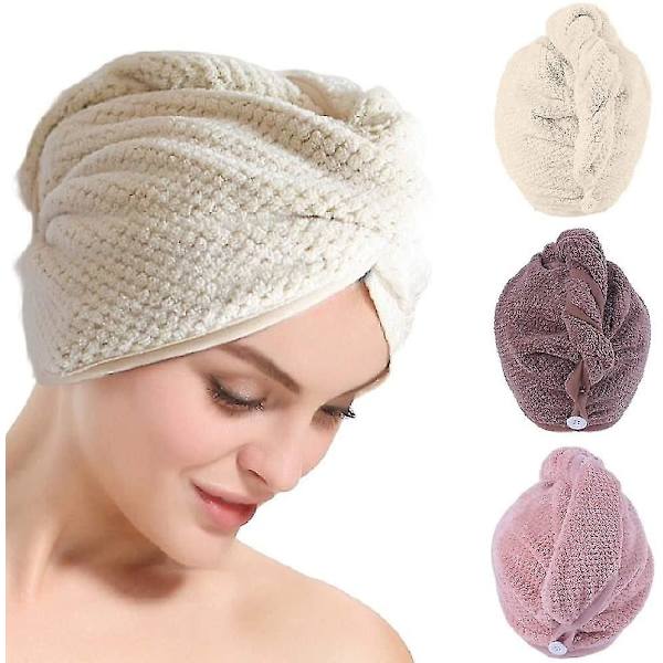 （3pcs）Turban handduk, hårtorkande handduk med knappabsorberande
