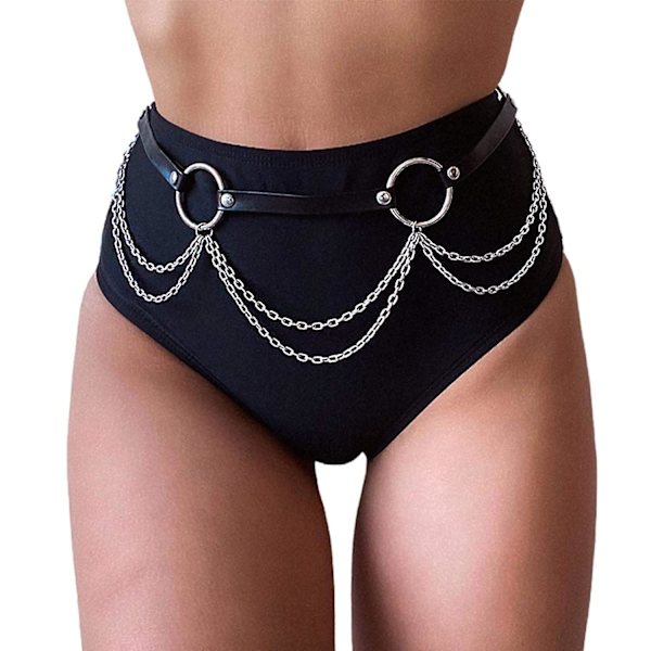 Punk Läder Body Chain Svart midja Kedja Layered Club Ring Bälte Belly Chain