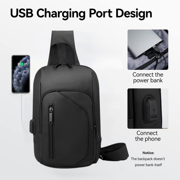 Diagonal bröstväska för män - USB uppladdningsbar ryggsäck vattentät black