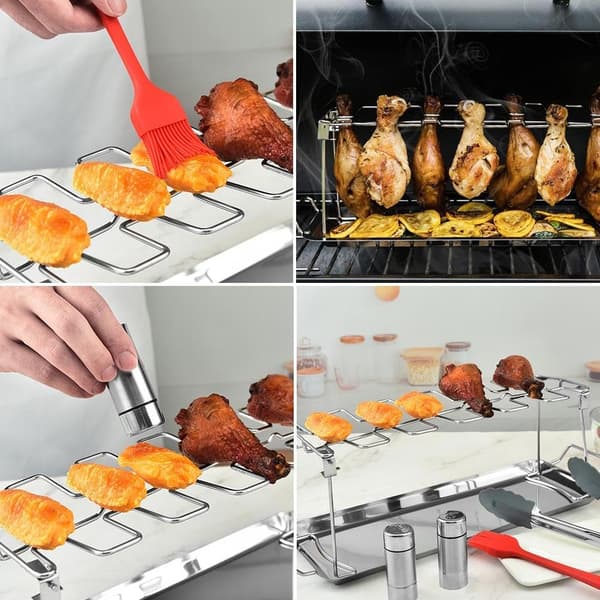 Kyllingelårstativ til grill, 14 pladser BBQ Kyllingelårsholder, Kyllingevingestativ, Rustfrit stål grillstativ Risterstativ til grill, ovn, kul
