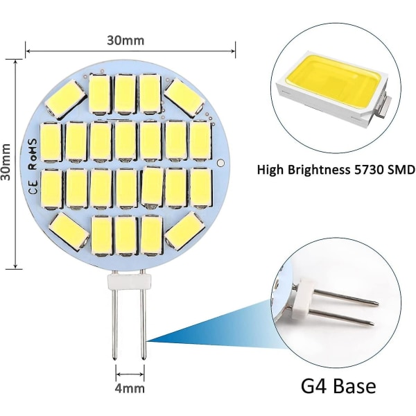 6st G4 Led 3w,ac12-24v,300lm Cool White 6000k,24x5730 Smd,30w Halogen Bulb Equivalent,icke dimbar,g4 Led Round Infälld