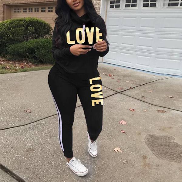 Plus Size 2PCS Dam träningsoverall Sport Loungewear Toppar Byxor Kostym Black,L