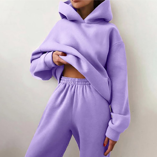 Dam höst/vinter hoodie set, enfärgad, casual fashion, sportbyxor med fleece hoodie set Purple M