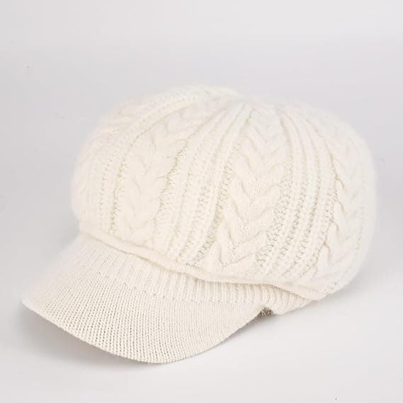 Stickad vintermössa för dam med skärm, dubbelt lager fleecefoder, varm och snygg beanie med slouchy passform