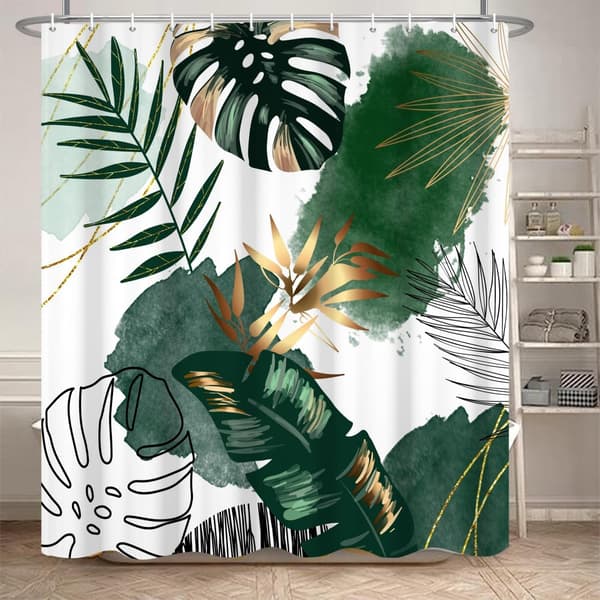 Boho Blad Badeforhæng 48 × 72\", Grønt & Guld Tropisk Bladdesign, Polyester Badeforhæng til Moderne Boligindretning