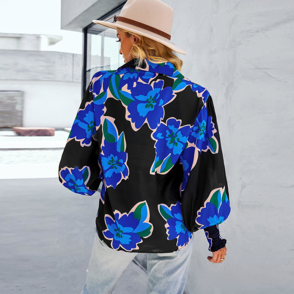 Damskjorta med printed färg 2023 vår och höst Långärmad mode allt topp black XL