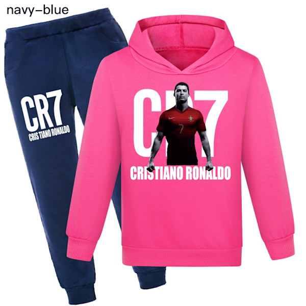 CR7 Ronaldo Pojkars Träningsoverall Fotboll Hoodie Sweatshirt Topp + Byxor Outfit Rose Red02 130cm