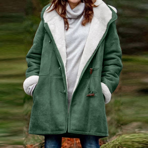 Sportjacka dam med huva, lång fleecejacka, vinterjacka, lammskin fleece huvjacka, vintervarm huvtröja, casual jacka med huva green L