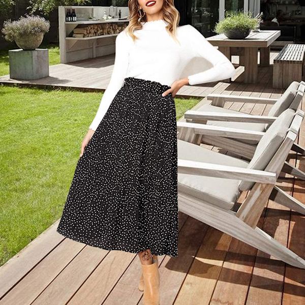 Dam med hög midja prickig plisserad kjol Midi Maxi Swing Kjol Black Medium