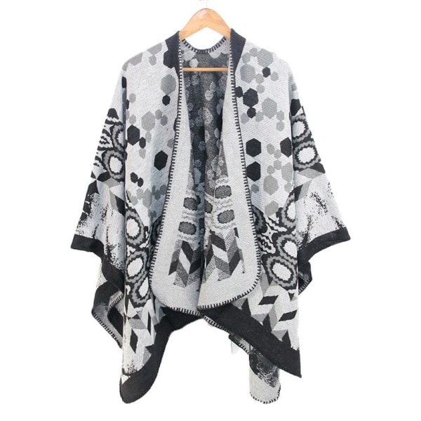 Varm sjal halsduk Öppen front poncho vinterkofta med geometriskt mönster för dam