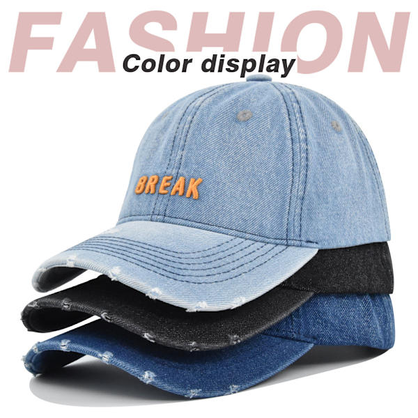 Högkvalitativt vattentvättat hål Cowboyhatt Break Broderad cap Retro Peaked Cap Distressed Solhatt Böjd brätte Co9081Black Adjustable