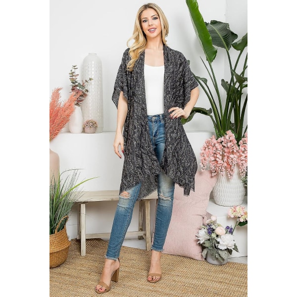 Bohemian Sequin Glitter Poncho Kimono Cardigan Med Metallic SparkleKimono Wavy Black