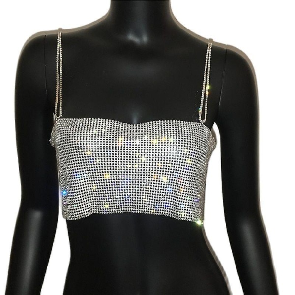 Glitter Crystal Chain Linne Glitter Metal Mesh Halvmetallrem Crop Top Festlig Fest Sexiga Damkläder Silver M