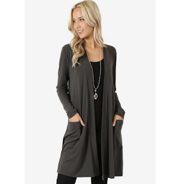 Långärmad Slouchy Cardigan för kvinnor med öppen front draperad med fickor mellan längd+ Grey XL