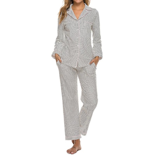 Dam Långärmad Button Down Toppar Och Byxor Pyjamas Loungewear Sovkläder Set, Vit white L