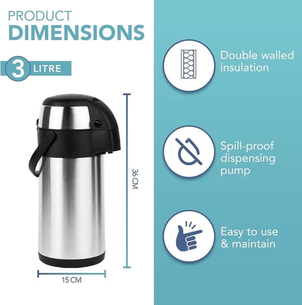 3L Rustfrit Stål Airpot, Termodispenser med Pumpefunktion til Kaffe, Te & Varmt Vand, Stor Vakuumtermokande til Kontor, Hotel & Møder (Sølv)