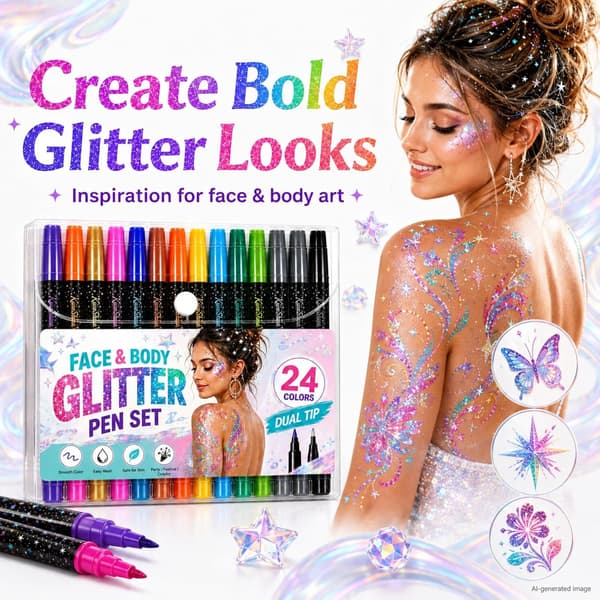 24-farvet glimmer-marker sæt med dobbeltspidser, festmakeup