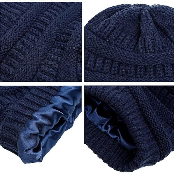 Varm stickad vintermössa med satin foder, kabelstickad beanie, tjock slouchy skull cap för kvinnor Navy