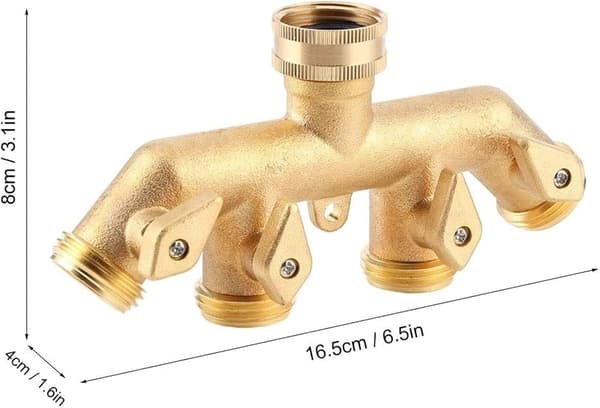 Messing hageslangesplitter, 4-veis solid messing slangekobling, slangekranadapter med 4 ventiler, vannuttak slangesplitter