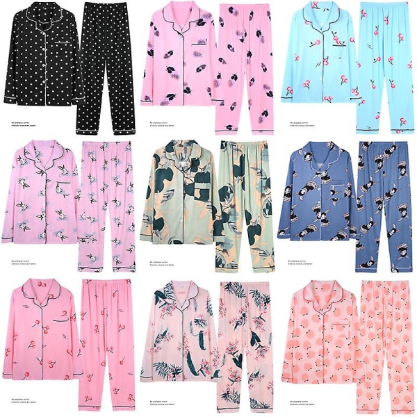 Söt pyjamas för damer i bomull, flickor, långärmade toppar+byxor med fickor Polka Dot Casual Lounge Wear pink feather 2XL