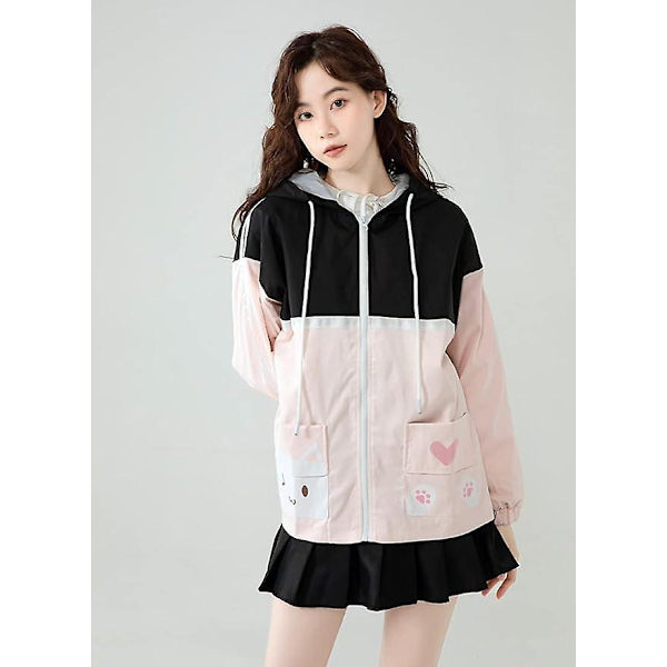 Kawaii Jackor Tonåringar Söt Katt Pocket Patchwork Luvtröja Tjejs japanska jacka Toppar Långärmad dragkedja Ytterkläder M