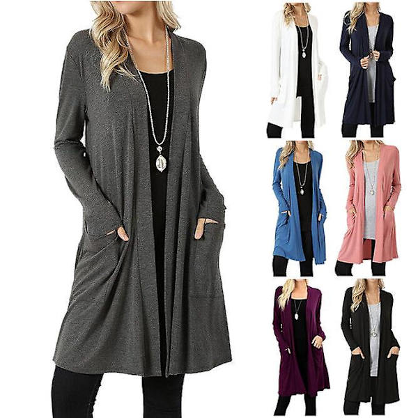 Långärmad Slouchy Cardigan för kvinnor med öppen front draperad med fickor mellan längd+ Grey XL