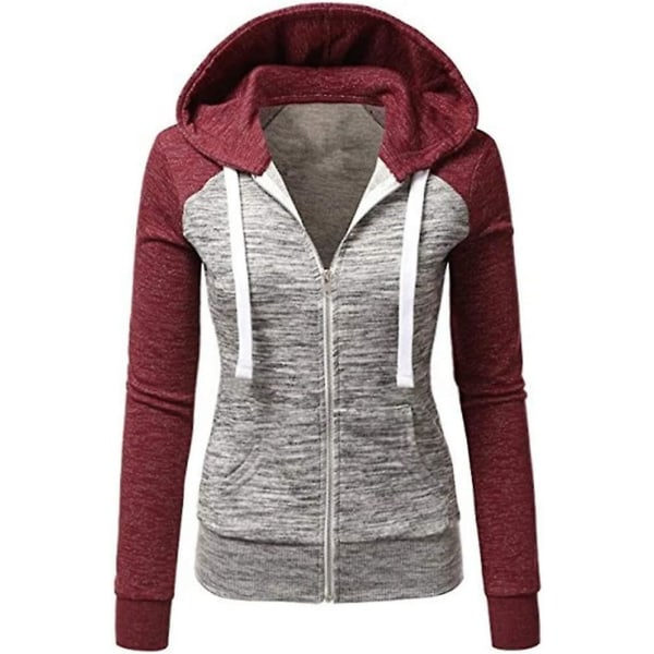 Huvtröjor för kvinnor färgblock huvtröja Basic dragkedja Jerseyjacka långärmad topp med fickor Plus Size red XL