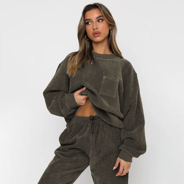 Höst och vinter ny korduroy enfärgad rund hals pullover långärmad tvådelad fashionabla långbyxor set för kvinnor black XXL