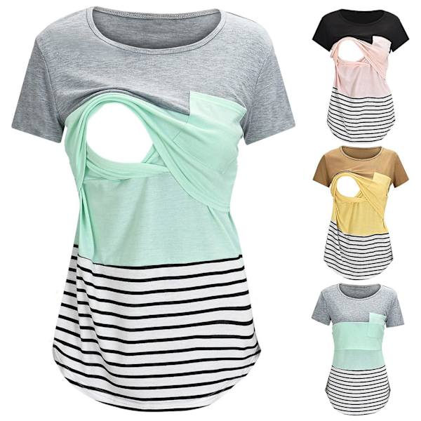 Rundhalsrandig lapptäcke Långärmad Amning Gravid kvinna Amningsblus Toppar T-shirt green L