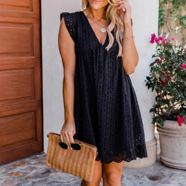Sommar V-ringad bomull Kort kjol Enfärgad Klänning California Romper för 2xl black