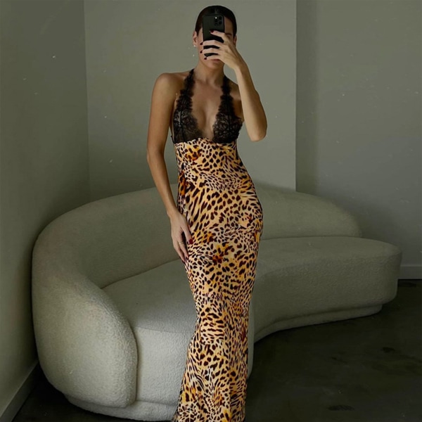 Elegant lång Bodycon-klänning med djup v-ringad ärmlö klänning för ommaren trandfetemeter leopard print s