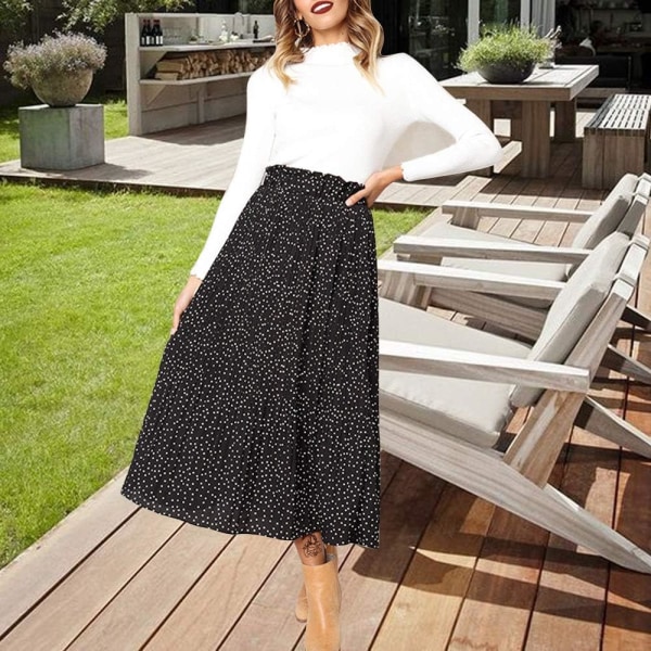 Dam med hög midja prickig plisserad kjol Midi Maxi Swing Kjol Black Large