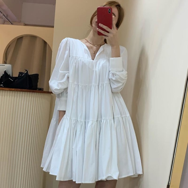 Vår Kvinna Lös Casual V-ringad Enfärgad Oversize Långärmad Minimalistisk Bred fåll Plisserad Rak Klänning Grön One Size as shwon