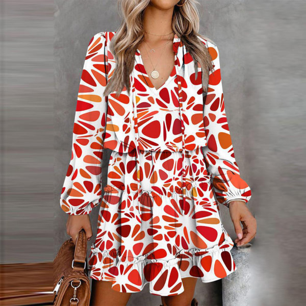 Kvinnors V-ringad kortärmad klänning volangtryck lös fållklänning för arbete och shopping red print on white 2xl