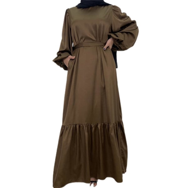 Women Plain Muslim Satin Maxi Dress Islamic Kaftan Long Sleeve Abaya Tie-waist Robe Ruffle Dresses Coffee 2XL