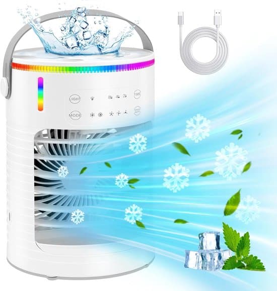 Vand- eller isluftkøler med køleelementer - 3 hastigheder og fordampningskøling - LED-belysning i 7 farver - 2-8 timers timer - med luftfugter