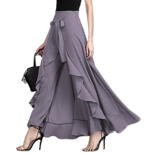 Kvinnor Palazzo byxor Elegant hög midja oregelbunden lös ren färg kvinnliga byxa kjol GREY XXXL