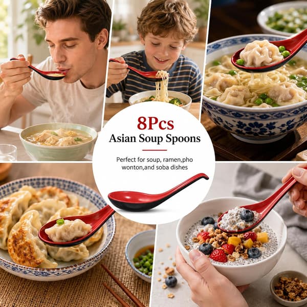 8 STK Suppeskeer, Dyb Ske til Nudler, Suppe, Ris & Hverdagsmåltider, Sort & Rød