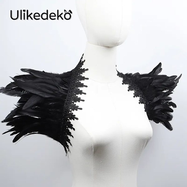 Sexig svart spetsfjädersjal för kvinnor cosplay halloween fjäder axelomslag fjäder falsk krage gotisk punk dam halsdukar Black