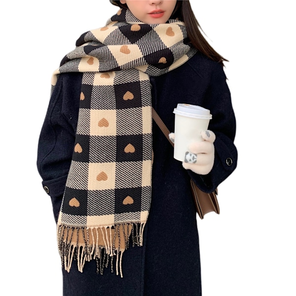 Damscarf Mode Långa sjalar Wraps Big Grid Vinter Varmt gitter Stora halsdukar (svart och vitt)
