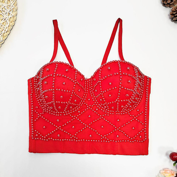 Utsökta pärlor Rhinestone Cropped Toppar Dam Bustier Vit Linne Rave Festival Club Party Topp Underkläder Camis red 38C