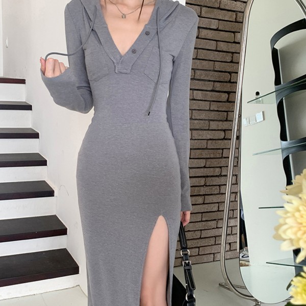 Kvinnors sexig långärmad miniklänning med rynkad knapp framtill grey XXL