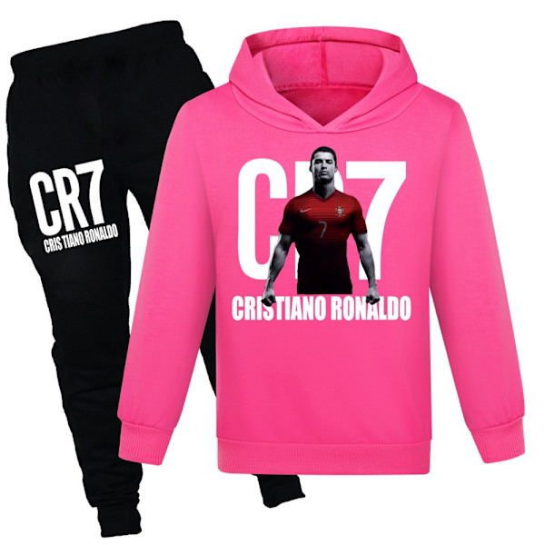 CR7 Ronaldo Pojkars Träningsoverall Fotboll Hoodie Sweatshirt Topp + Byxor Outfit Rose Red01 110cm