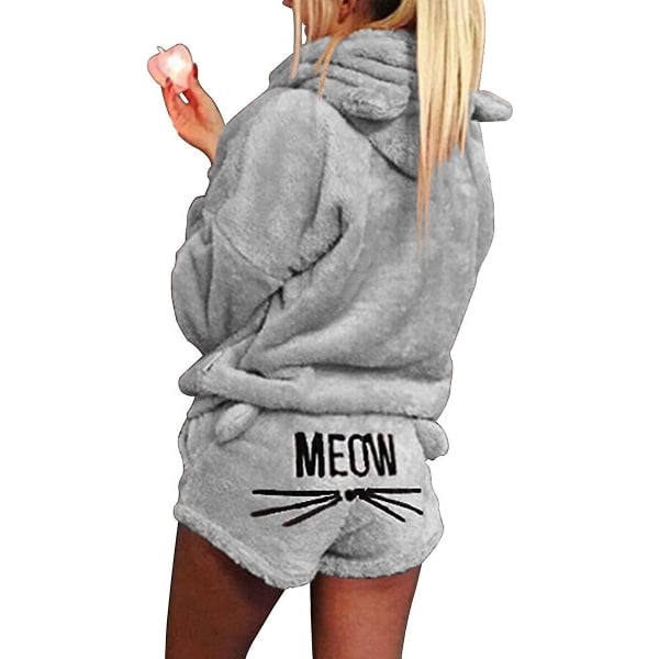 Famkit Kvinnor Flickor Fleece Pyjamas Mysigt nattkläder Meow Broderad Luvtröja Pullover Shorts Pj Tvådelat Set Pyjamas Party Gray L