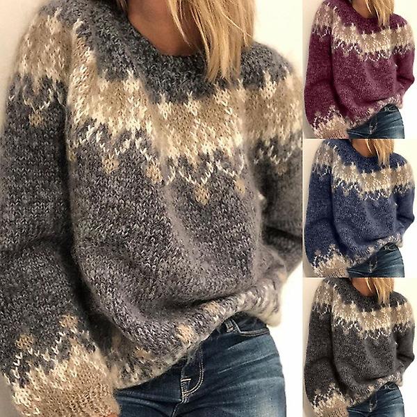 Damer höst/vinter Rundhalsad Casual Lös Mohair Grovstickad Jacquard Damtröja blue 3XL