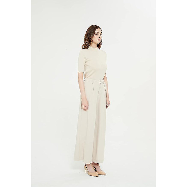Kvinnor Hög midja Casual Bred Ben Långa Palazzo Byxor Byxor Vanlig storlek beige L