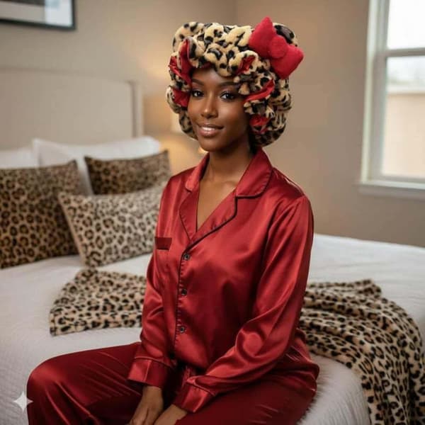 Sød Leopardprint Teddy Bonnet Sovehætte til Kvinder Blød Satinforet Spa Hårbånd med Sløjfe til Hårbeskyttelse